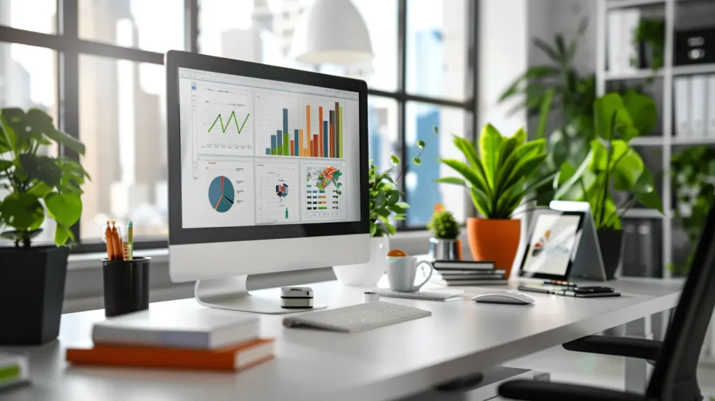 A sleek, modern office with a large computer screen displaying vibrant cybersecurity analytics, surrounded by professional tools like a firewall router and antivirus software boxes, conveying a strong focus on protecting small businesses from digital threats.