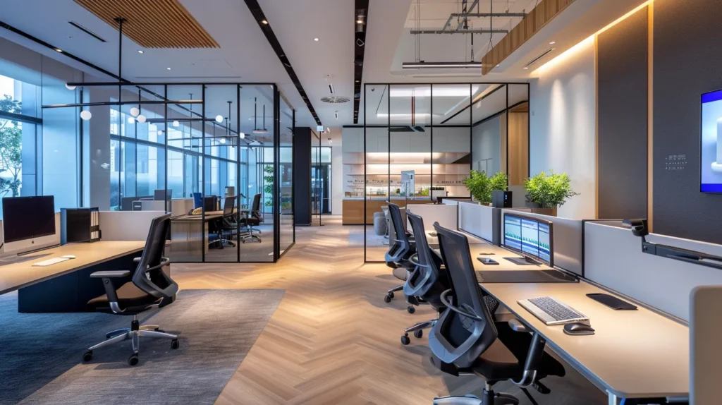 A sleek office workspace features modern digital interfaces displaying a variety of data backup solutions, including cloud services and external storage options, all bathed in soft, ambient light that highlights the innovative technology for asset management.