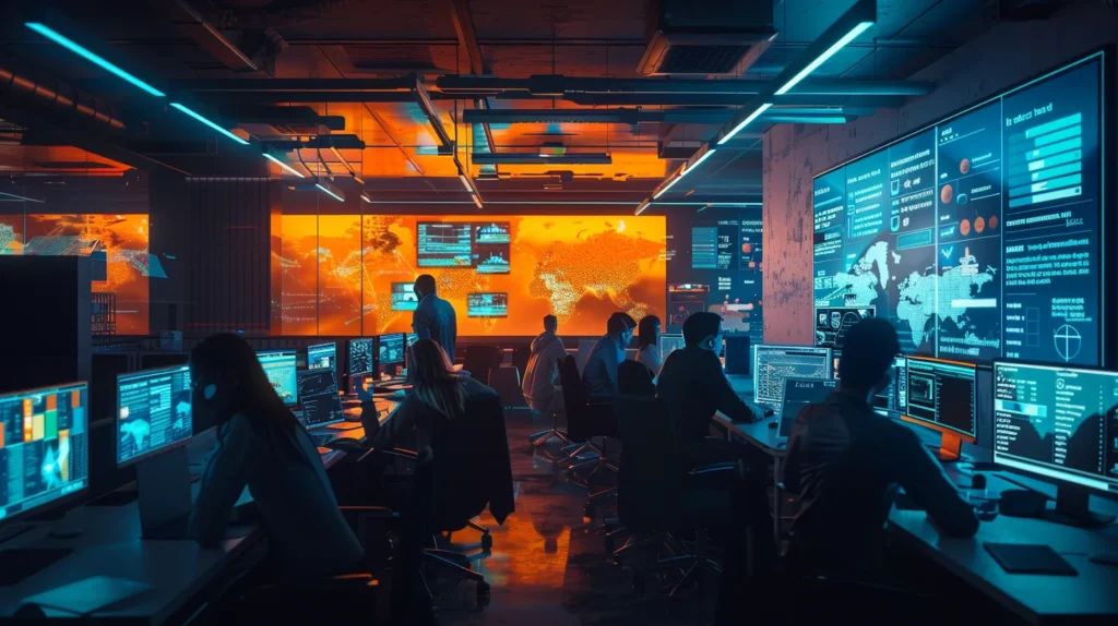 A vibrant office setting features a diverse group of professionals engaged in an interactive cybersecurity training session, with dynamic visuals on digital screens illustrating tailored modules that address specific organisational threats and compliance needs.