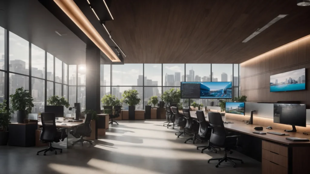 a modern office environment showcases a sleek conference room with dynamic digital screens and collaborative workspaces, illustrating smart it outsourcing solutions tailored for business growth.