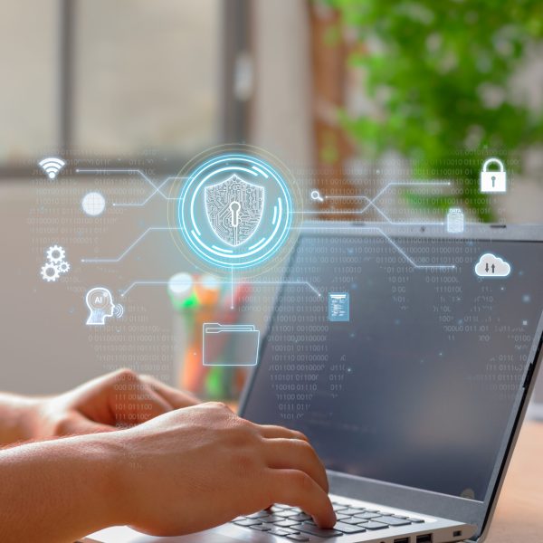 Vertical photo of a man using secure digital encryption technology, cybersecurity data protection privacy.
